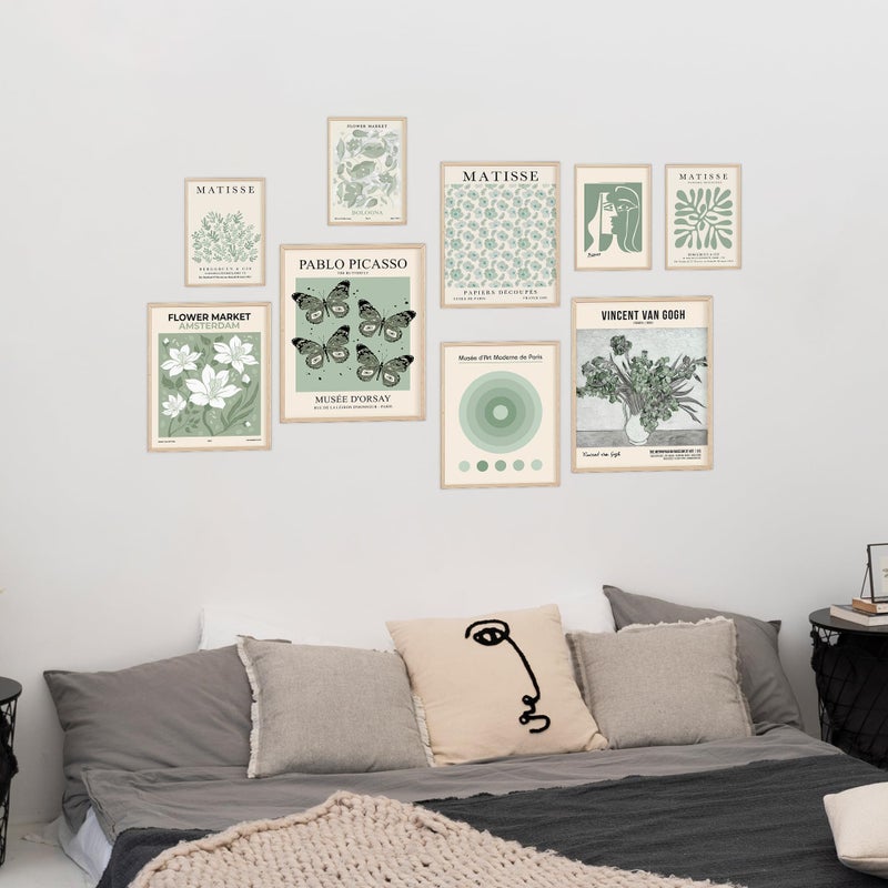 KONGSY Sage Green Wall Art Prints مجموعة من 9، ملصقات معرض ماتيس مجردة، مطبوعات فنية بوهو، ديكور جدار أخضر حكيم، صور جمالية ديكور غرفة النوم للفتيات المراهقات، غرفة النوم - Image 5